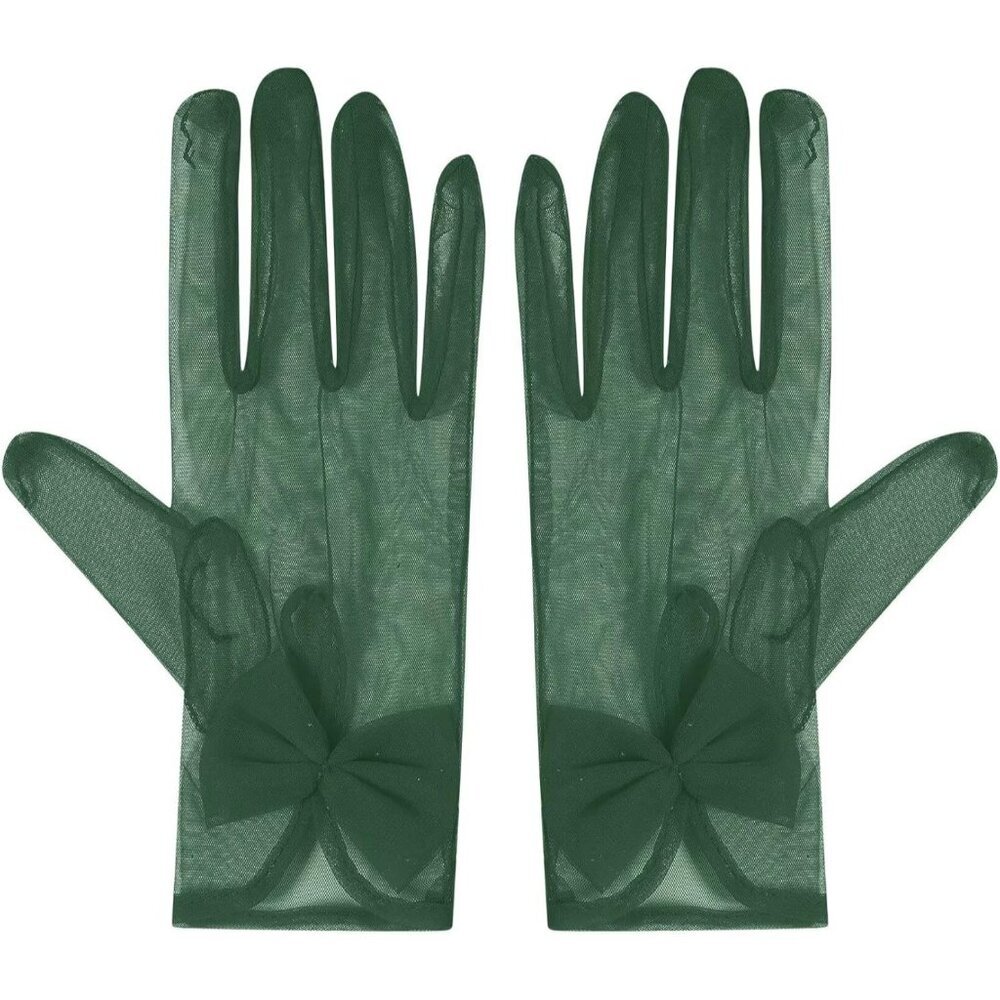 Women's Green Evening Sheer Tulle Short Length Gloves Wrist Tea Party Prom